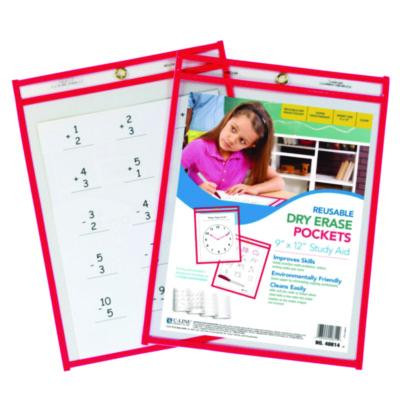 Reusable Dry Erase Pockets, Super Heavy-Duty, Top Load 9 x 12 Insert, Clear Front, Neon Red Border, 30/Pack