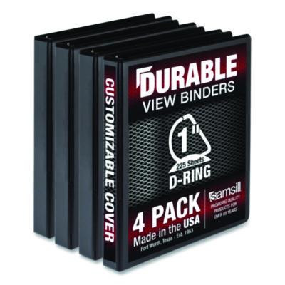 Durable D-Ring View Binders, 3 Rings, 1" Capacity, 11.5" x 8.5", Black, 4/Pack