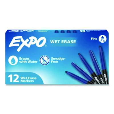 Wet Erase Markers, Fine Needle Tip, Blue, 12/Pack