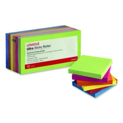 Ultra Sticky Note Pads, 3" x 3", Assorted, 100 Sheets/Pad, 12 Pads/Pack