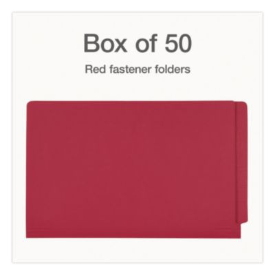Colored Reinforced End Tab Fastener Folders, Straight Tab, Expands 0.75", 2 Fasteners, Legal Size, Red, 50/Box