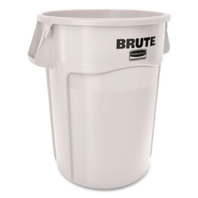 Vented Round Brute Container, 44 Gal, Plastic, White, 4/Carton