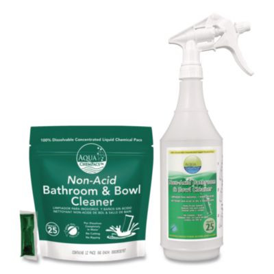 Aqua Chempacs Non-Acid Bathroom And Bowl Cleaner Starter Pack With Empty 32 Oz Spray Bottle, Lavender, 12 Chempacs/Carton