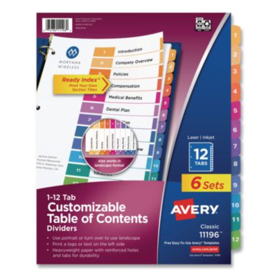 Customizable Toc Ready Index Multicolor Tab Dividers, 12-Tab, 1 To 12, 11 x 8.5, White, Traditional Color Tabs, 6 Sets
