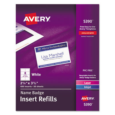 Name Badge Insert Refills, Horizontal/Vertical, 2 1/4 X 3 1/2, White, 400/Box