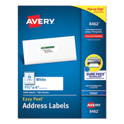 Easy Peel White Address Labels W/ Sure Feed Technology, Inkjet Printers, 1.33 X 4, White, 14/Sheet, 100 Sheets/Box