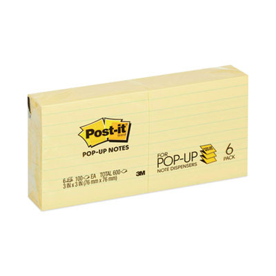 Original Canary Yellow Pop-Up Refill, Note Ruled, 3" x 3", Canary Yellow, 100 Sheets/Pad, 6 Pads/Pack