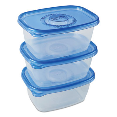 Deep Dish Food Storage Containers, 64 Oz, Clear/Blue, Plastic, 3/Pack