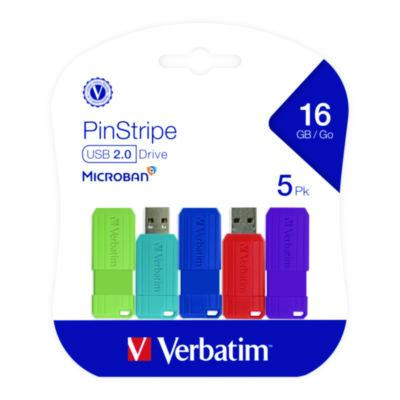 Pinstripe Usb 2.0 Flash Drive, 16 Gb, Assorted Colors, 5/Pack