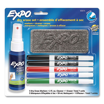 Dry Erase Marker, Eraser And Cleaner Kit, Fine Bullet Tip, Assorted Colors, 5/Set