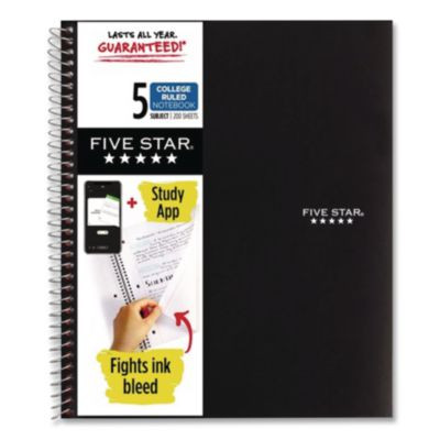 Wirebound Notebook, 5-Subject, Medium/College Rule, Black Cover, (200) 11 x 8.5 Sheets