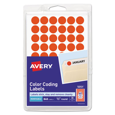Handwrite Only Self-Adhesive Removable Round Color-Coding Labels, 0.5" Dia, Neon Red, 60/Sheet, 14 Sheets/Pack, (5051)