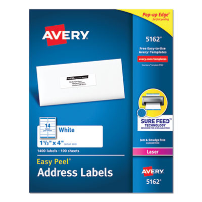 Easy Peel White Address Labels W/ Sure Feed Technology, Laser Printers, 1.33 X 4, White, 14/Sheet, 100 Sheets/Box