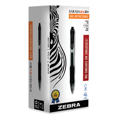 Sarasa Dry Gel X20 Gel Pen Value Pack, Retractable, Medium 0.7 Mm, Black Ink, Clear/Black Barrel, 24/Box