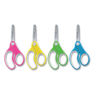 Soft Handle Kids Scissors, Rounded Tip, 5" Long, 1.75" Cut Length, Straight Assorted Color Handles, 12/Pack