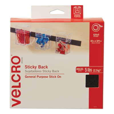 Sticky-Back Fasteners, Removable Adhesive, 0.75" X 30 Ft, Black