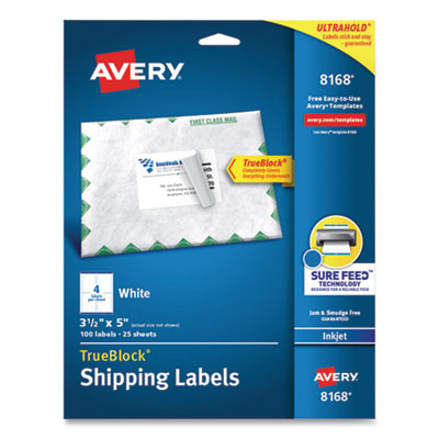 Shipping Labels W/ Trueblock Technology, Inkjet Printers, 3.5 X 5, White, 4/Sheet, 25 Sheets/Pack