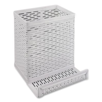 Urban Collection Punched Metal Pencil Cup/Cell Phone Stand, Perforated Steel, 3.5 x 3.5, White