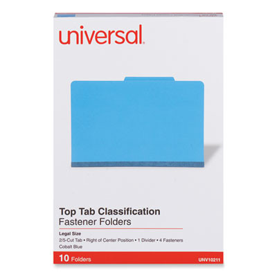 Pressboard Classification Folders, 2/5-Cut Tab, Expands 2", 1 Divider, 4 Fasteners, Legal Size, Cobalt Blue, 10/Box