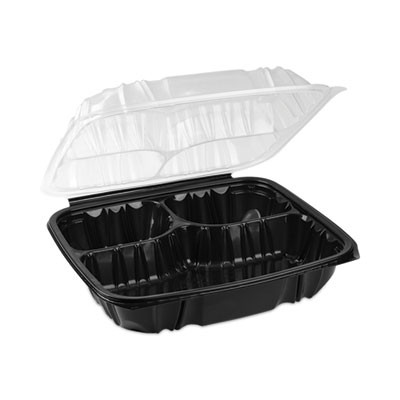 Earthchoice Vented Dual Color Microwavable Hinged Lid Container, 3-Compartment Base/Lid, 54 Oz, Black/Clear, Plastic, 132/Ct
