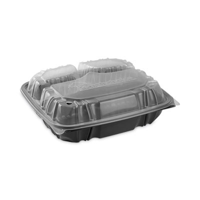 Earthchoice Vented Dual Color Microwavable Hinged Lid Container, 3-Compartment Base/Lid, 54 Oz, Black/Clear, Plastic, 132/Ct