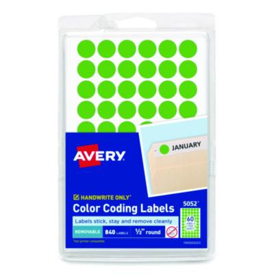 Handwrite Only Self-Adhesive Removable Round Color-Coding Labels, 0.5" Dia, Neon Green, 60/Sheet, 14 Sheets/Pack, (5052)
