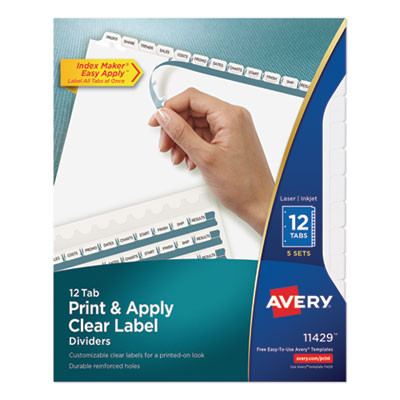 Print And Apply Index Maker Clear Label Dividers, 12-Tab, White Tabs, 11 x 8.5, White, 5 Sets