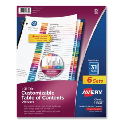 Customizable Table Of Contents Ready Index Multicolor Dividers, 31-Tab, 1 To 31, 11 x 8.5, White, 6 Sets