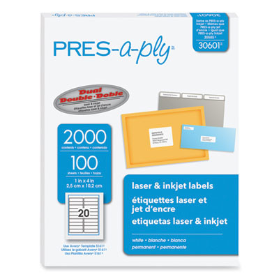 Labels, Laser Printers, 1 X 4, White, 20/Sheet, 100 Sheets/Box