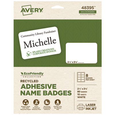 Ecofriendly Adhesive Name Badge Labels, 3.38 X 2.33, White, 80/Pack