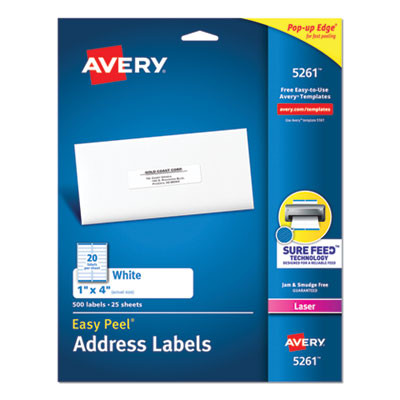 Easy Peel White Address Labels W/ Sure Feed Technology, Laser Printers, 1 X 4, White, 20/Sheet, 25 Sheets/Pack