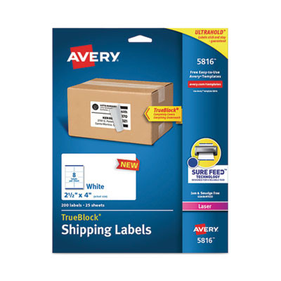 Shipping Labels With Trueblock Technology, Laser Printers, 2.5 x 4, White, 8/Sheet, 25 Sheets/Pack