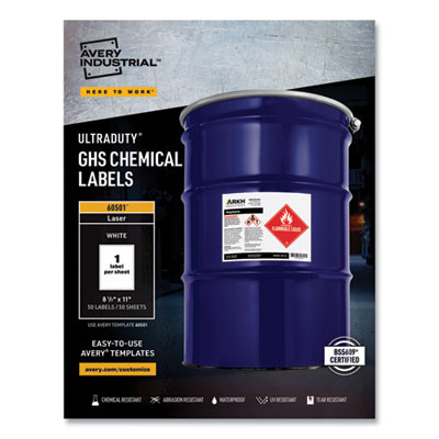 Ultraduty Ghs Chemical Waterproof And Uv Resistant Labels, 8.5 X 11, White, 50/Box