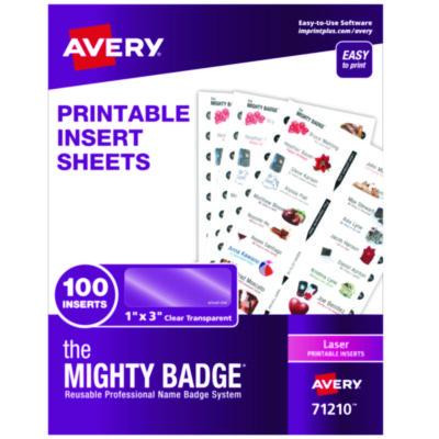 The Mighty Badge Name Badge Inserts, 1 X 3, Clear, Laser, 20/Sheet, 5 Sheets/Pack