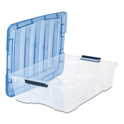 Stack And Pull Latching Flat Lid Storage Box, 6.73 Gal, 16.5" X 22" X 6.5", Clear/Translucent Blue