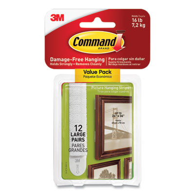 Damage-Free Hanging Picture Hanging Strip Pairs, Holds Up To 3.75 Lb, Large: 0.75" x 3.65", White, 12/Pack