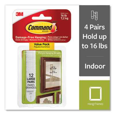 Damage-Free Hanging Picture Hanging Strip Pairs, Holds Up To 3.75 Lb, Large: 0.75" x 3.65", White, 12/Pack
