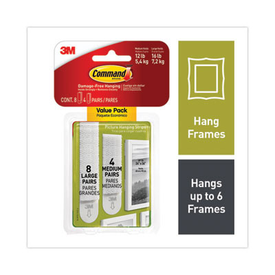 Damage-Free Hanging Picture Hanging Strip Pairs, (8) Large (0.63" x 3.63"), (4) Medium (0.5" x 2.75"), White, 12/Pack