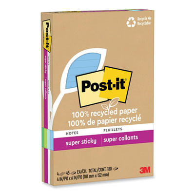 100% Recycled Paper Super Sticky Notes, Ruled, 4" x 6", Oasis, 45 Sheets/Pad, 4 Pads/Pack