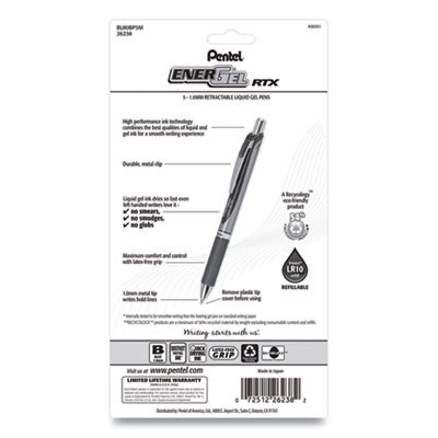 Energel Rtx Gel Pen, Retractable, Bold 1 Mm, Assorted Ink And Barrel Colors, 5/Pack