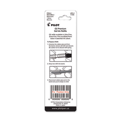 Refill For Pilot G2 Gel Ink Pens, Bold Conical Tip, Blue Ink, 2/Pack