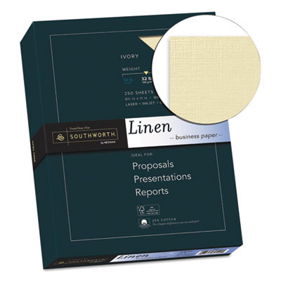 25% Cotton Linen Business Paper, 32 Lb Bond Weight, 8.5 x 11, Ivory, 250/Pack