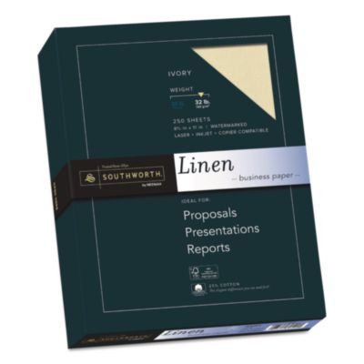 25% Cotton Linen Business Paper, 32 Lb Bond Weight, 8.5 x 11, Ivory, 250/Pack