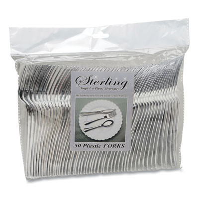 Sterling Heavyweight Plastic Cutlery, Fork, Silver, 50/Pack