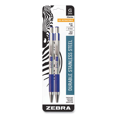 G-301 Gel Pen, Retractable, Medium 0.7 Mm, Blue Ink, Stainless Steel/Blue Barrel, 2/Pack