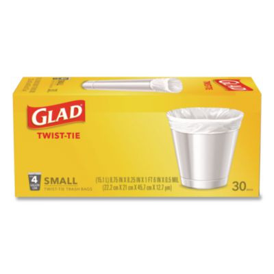 Small Twist-Tie Trash Bags, 4 Gal, 0.74 Mil, 23 x 21.63, White, 30/Box