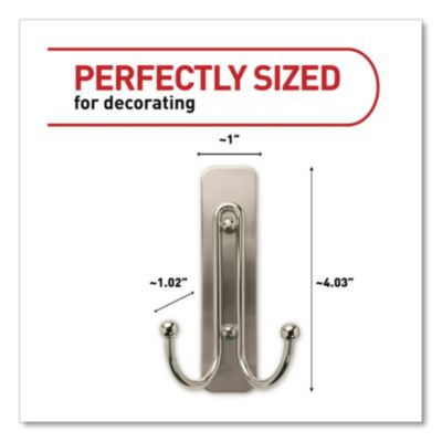 Adhesive Mount Metal Hook, Large, Double Hook, Brushed Nickel Finish, 4 Lb Capacity, 1 Hook And 2 Strips