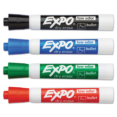 Low-Odor Dry-Erase Marker, Medium Bullet Tip, Assorted Colors, 4/Set