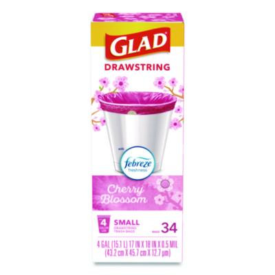Odorshield Small Drawstring Trash Bags, 4 Gal, Cherry Blossom Scent, 0.5 Mil, 18" x 17", Pink, 34/Box