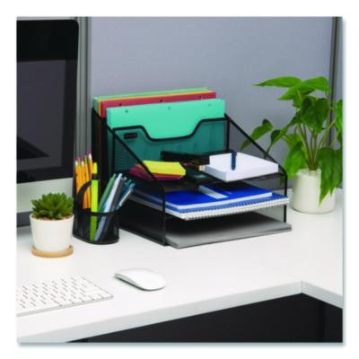 Metal Mesh Vertical File Holder Paper Tray Desktop Organizer, 2-Tier/5-Compartment, Letter Size, 11.25 x 12.5 x 9.5, Black
